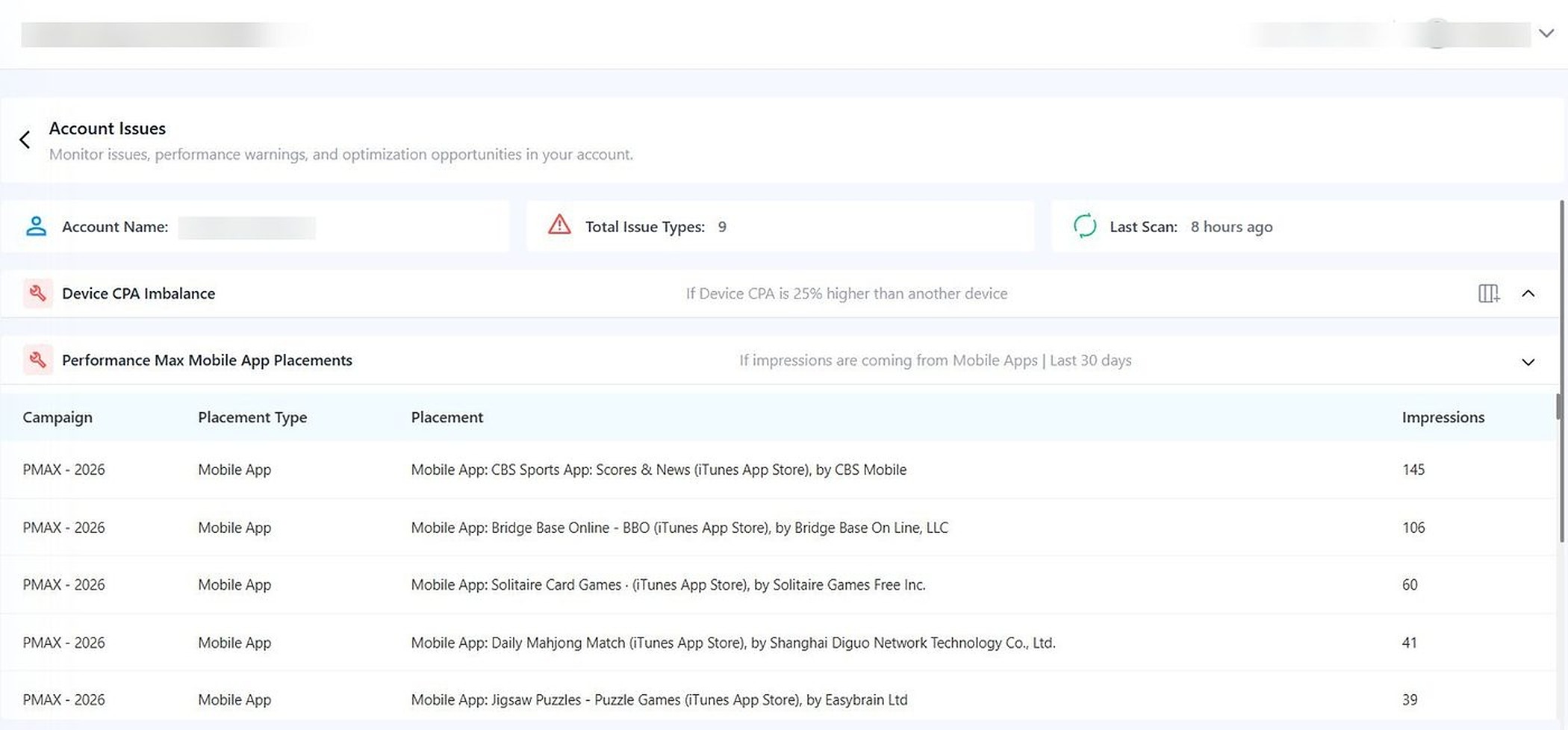 Adtunez electronics Google Ads audit screenshot showing pmax mobile app placements